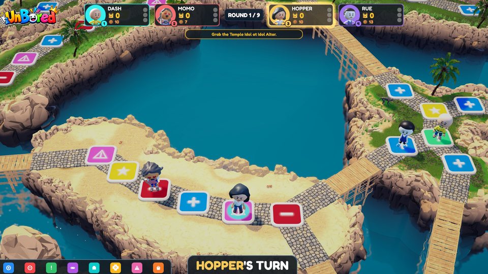 The UnBored island board on a TV, with every player’s coins and crowns along the top