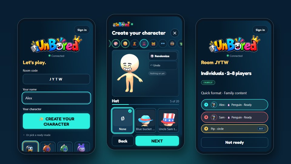 Three phones: joining a room, picking a hat in the character creator, and the ready list