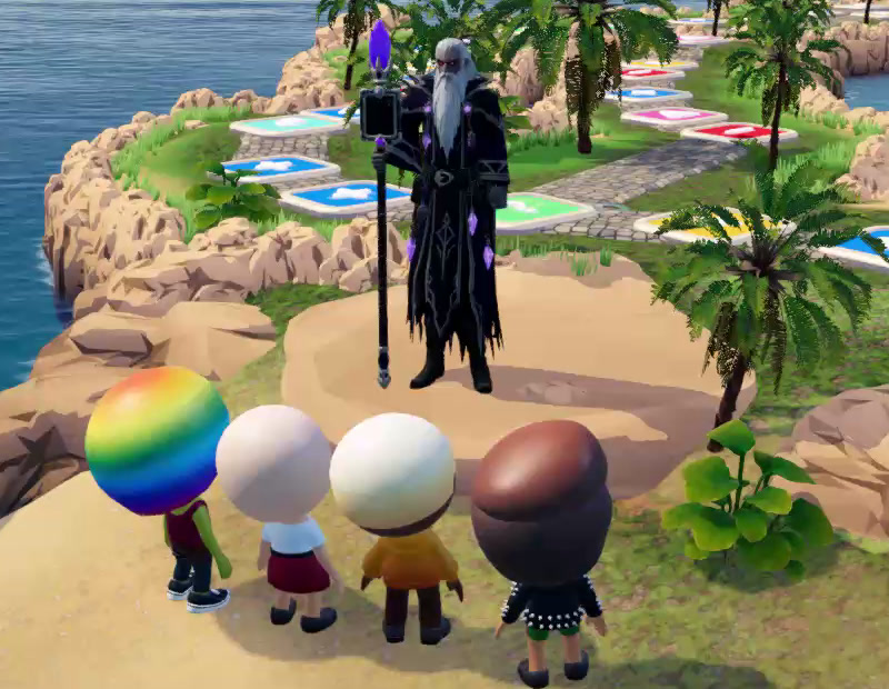 Borelock, the dramatic wizard who hosts UnBored, looming over four players on the island